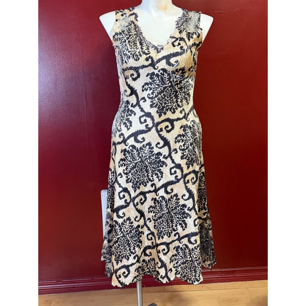 Komarov Charmeuse‎ Dress Size L Champagne Black Damask Print Chic